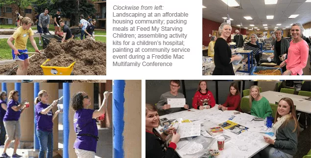 Clockwise from left: Landscaping at an affordable housing community; packing meals at Feed My Starving Children; assembling activity kits for a children’s hospital; painting at community service event during a Freddie Mac Multifamily Conference